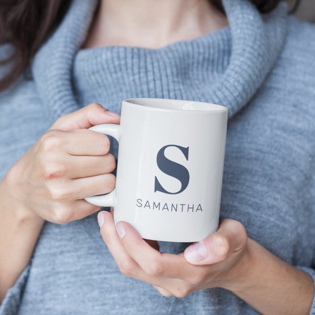 Simple Modern Minimalist Blue Initial Monogram Coffee Mug (Creator Uploaded)