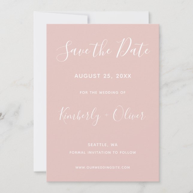 Simple Modern Minimalist Calligraphy Blush Wedding Save The Date (Front)