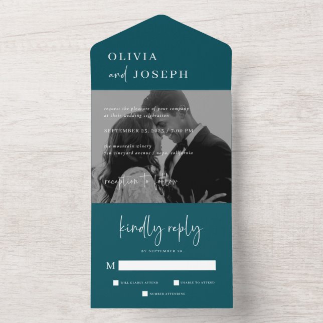 Simple Modern Minimalist | Deep Teal Photo Wedding All In One Invitation (Inside)