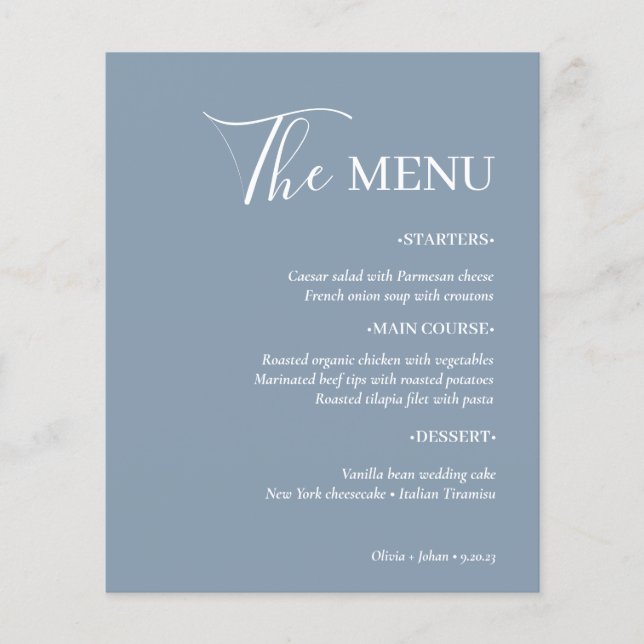 Simple Modern Minimalist | Dusty Blue Wedding Menu (Front)