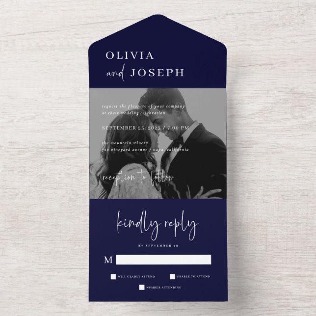 Simple Modern Minimalist | Navy Blue Photo Wedding All In One Invitation (Inside)