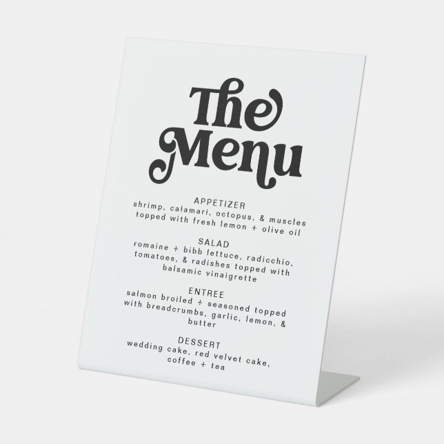 Simple Modern Minimalist Retro Wedding Menu  Pedestal Sign (Front)
