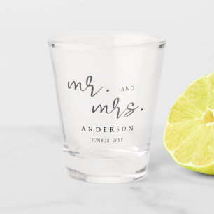 Simple Modern Minimalist Script Mr. and Mrs. Shot Glass