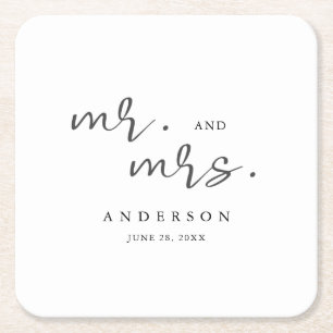 Simple Modern Minimalist Script Mr. and Mrs. Square Paper Coaster