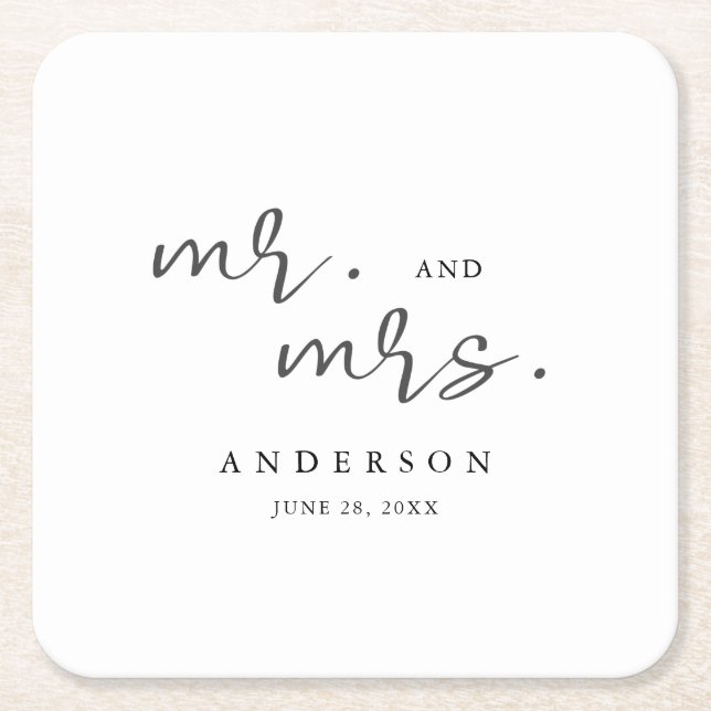 Simple Modern Minimalist Script Mr. and Mrs. Square Paper Coaster (Front)