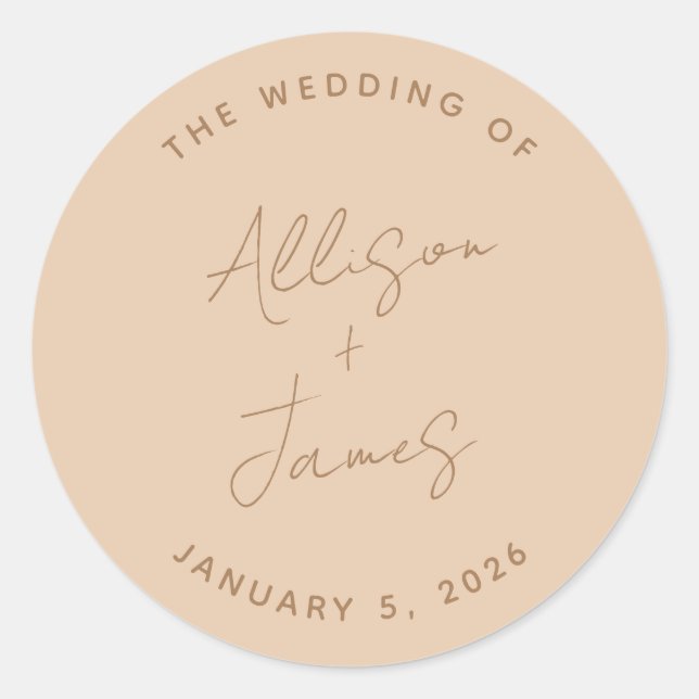Simple Modern Minimalist Script Terracotta Wedding Classic Round Sticker (Front)