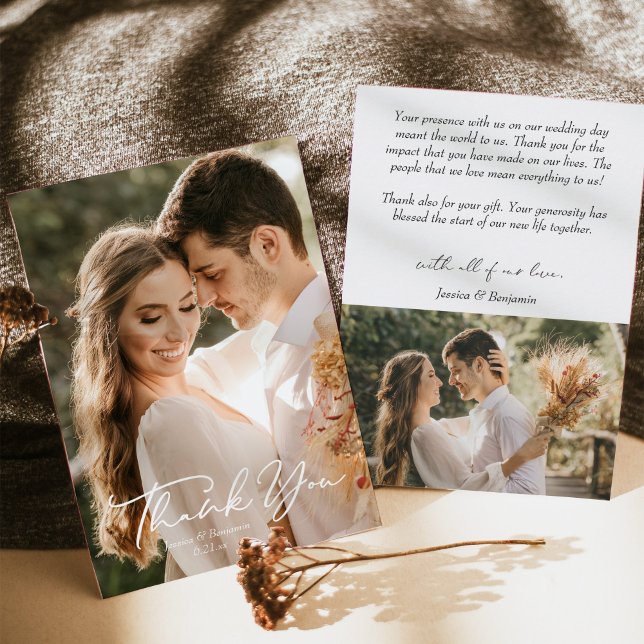 Simple Modern Minimalist Script with Photo Wedding Thank You Card (Creator Uploaded)