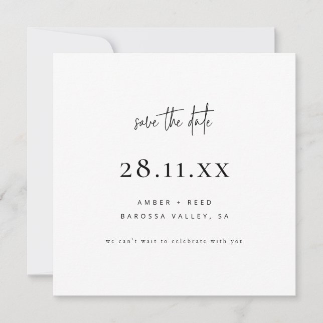 Simple Modern Minimalist Square Black Script Save The Date (Front)