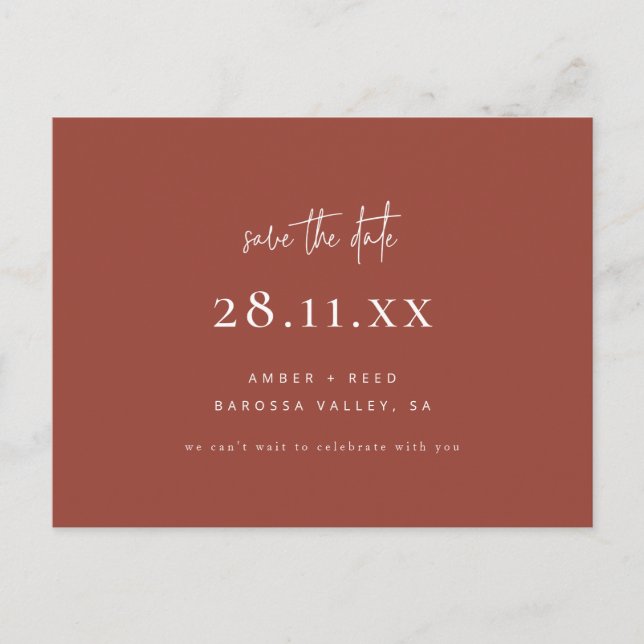 Simple Modern Minimalist Terracotta Save the Date  Announcement Postcard (Front)