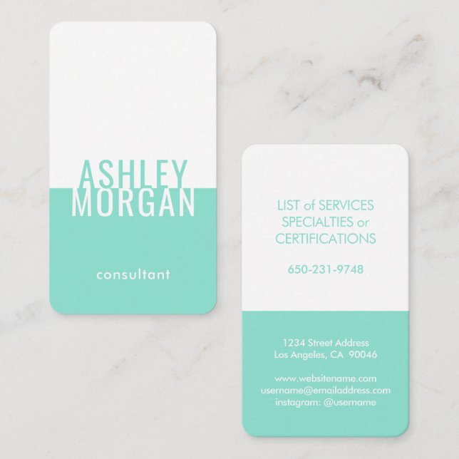 Simple Modern Minimalist Typography Teal Vertical Business Card (Front/Back)