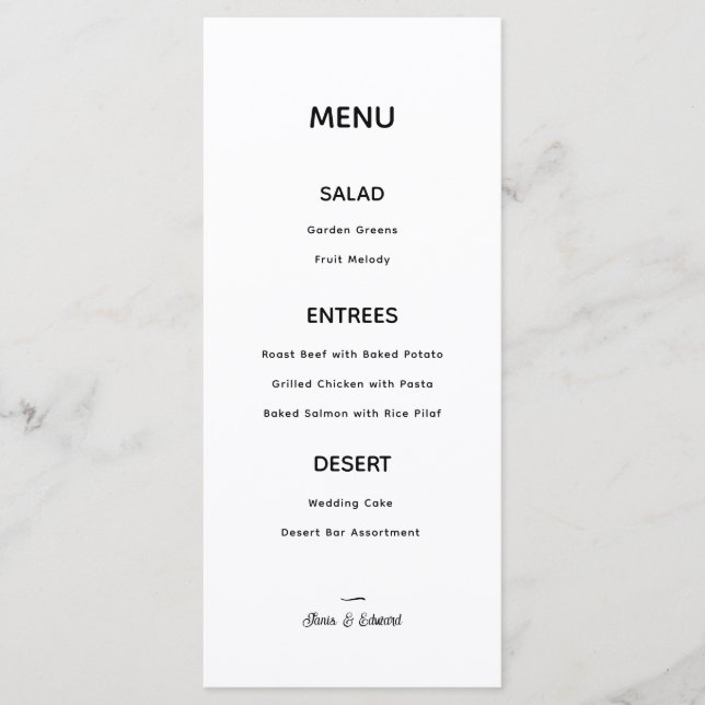 Simple Modern Minimalist Wedding Menu Card (Front)