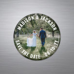Simple Modern Minimalist Wedding Save the Date Magnet<br><div class="desc">Share the joyful news of your engagement as well one photo with these wedding save the date round magnets. Hand out to family and friends or mail in a small box or padded envelope. Magnetic back makes them simple to display. (IMAGE PLACEMENT TIP: An easy way to centre a photo...</div>