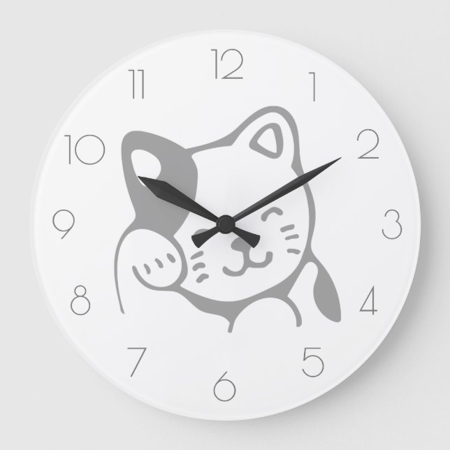 Simple Modern Minimalist White and Grey Cute Cat Large Clock (Front)
