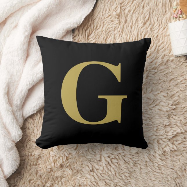 Simple Modern Monogram Black and Gold Throw Pillow (Blanket)