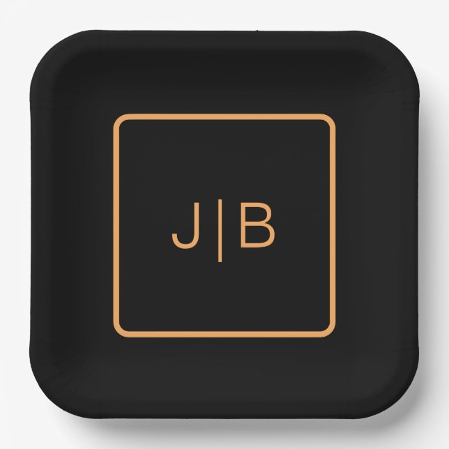 Simple modern monogram black orange  custom paper plate (Front)