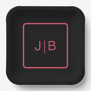 Simple modern monogram black, pink custom paper plate