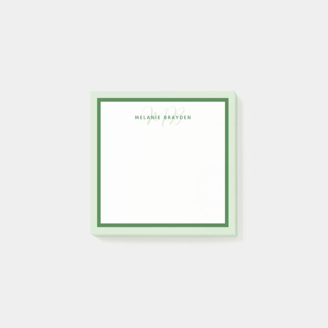Simple Modern Monogram Green Two Tone Border Post-it Notes (Front)