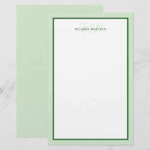 Simple Modern Monogram Green Two Tone Border Stationery