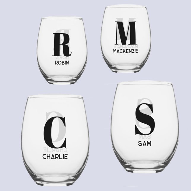 Simple Modern Monogram Initial Name Personalized Stemless Wine Glass (Monogram initial name personalized modern stemless wine glasses)