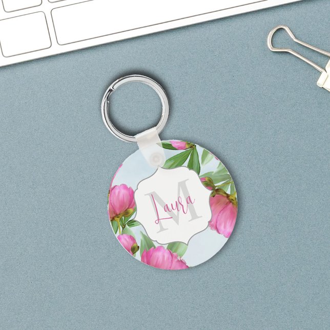Simple Modern Monogram Personalized Keychain (Pink monogram keychain with pretty peonies. )