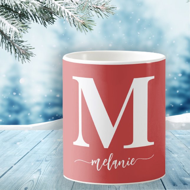 Simple Modern Monogram Red White Mug (Personalize with Your Monogram Initial & Name in Stylish Hand Lettered Script)