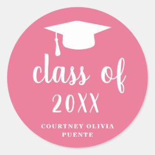 Simple Modern Mortar Board Pink Graduation Classic Round Sticker