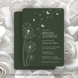 Simple Modern Moss Green Dandelion Bridal Shower Invitation