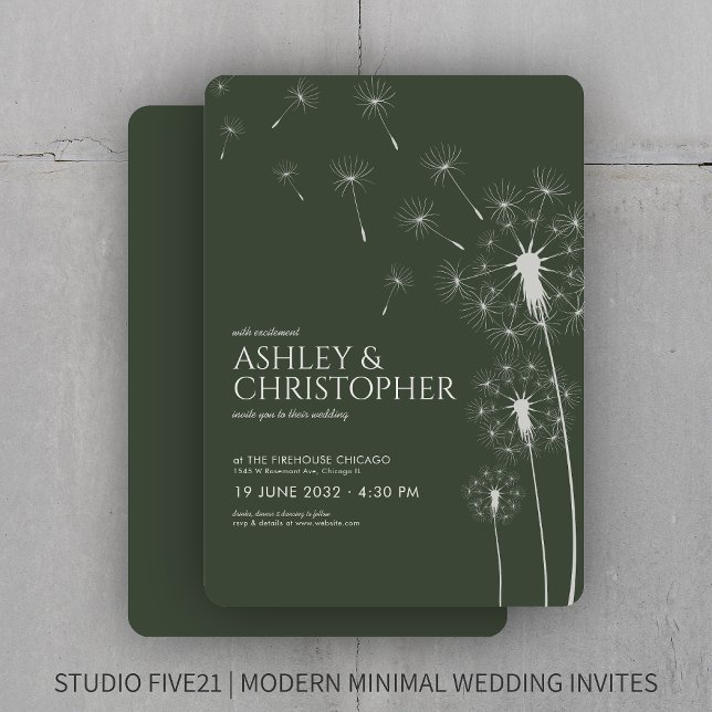 Simple Modern Moss Green Dandelion Wedding Invitation (Creator Uploaded)