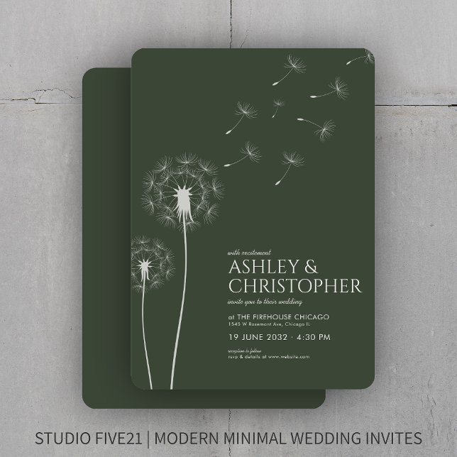 Simple Modern Moss Green Dandelion Wedding Invitation (Creator Uploaded)