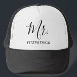 Simple Modern Mr Groom Newlywed Elegant Trucker Hat<br><div class="desc">Simple trucker hat with "Mr." in an elegant script along with your last name in black over a white background.  This modern trucker hat makes a great wedding gift for a groom to wear on his honeymoon.</div>