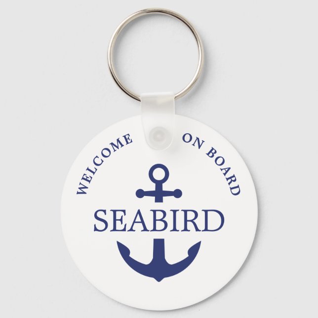 Simple Modern Nautical Anchor Welcome Aboard Blue  Keychain (Front)