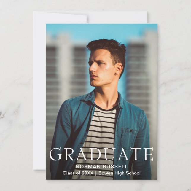 Simple Modern Navy Blue Boy Photo Graduation Announcement (Front)
