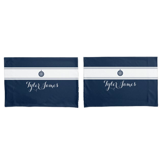 Simple Modern Navy Blue Compass Nautical  Pillowcase (Front-Set)