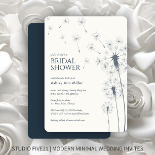 Simple Modern Navy Blue Dandelion Bridal Shower Invitation