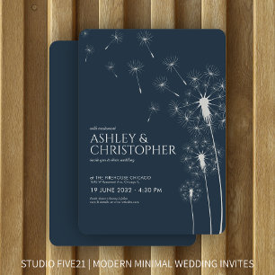 Simple Modern Navy Blue Dandelion Wedding Invitation