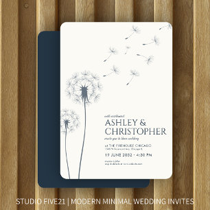 Simple Modern Navy Blue Dandelion Wedding Invitation