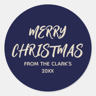 Simple Modern Navy Blue Merry Christmas Classic Round Sticker
