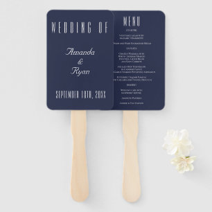 Simple Modern Navy Blue Script Wedding Menu Hand Fan