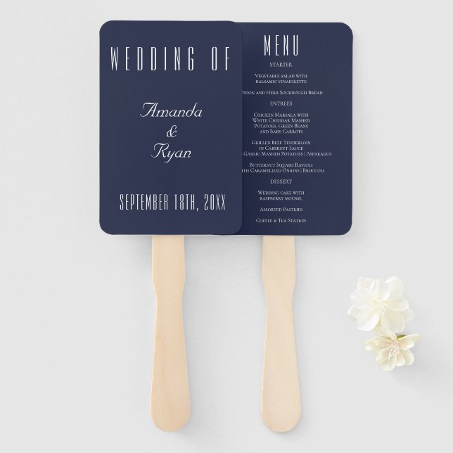 Simple Modern Navy Blue Script Wedding Menu Hand Fan (Front and Back)