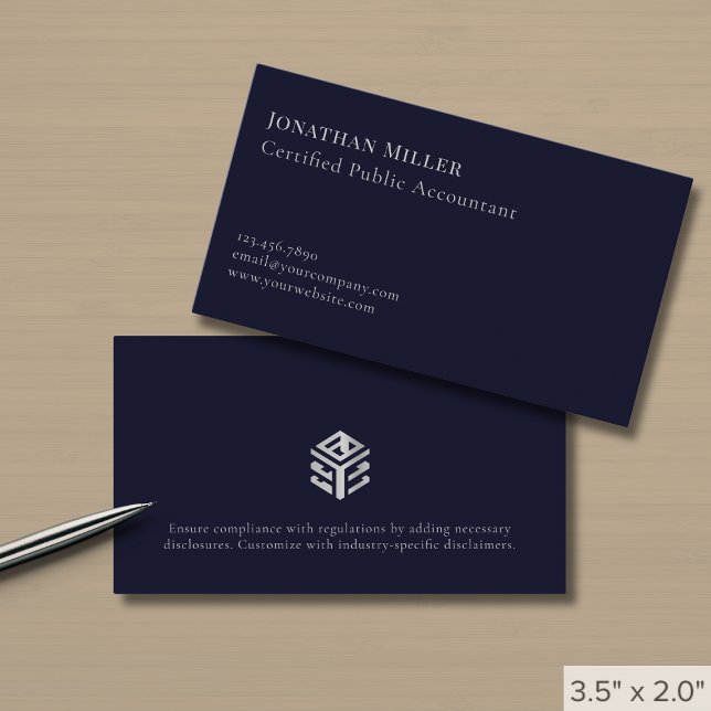 Simple Modern Navy Blue Silver Logo Business Card (Creator Uploaded)