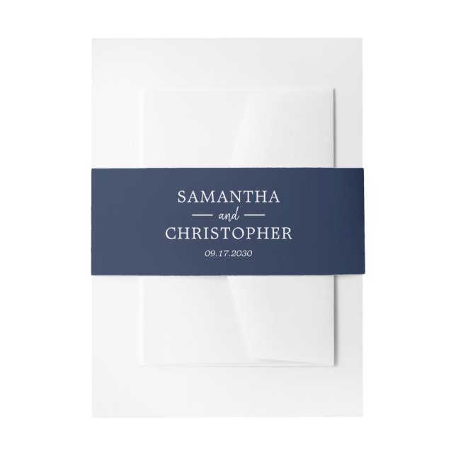 Simple Modern Navy Blue White Script Wedding Invitation Belly Band (Front Example)
