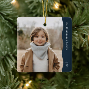 Simple modern navy one photo trendy holiday ceramic ornament