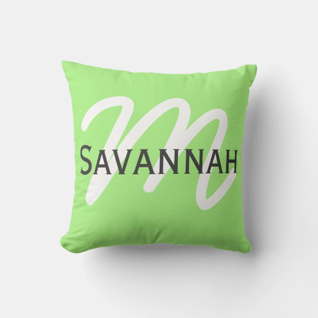 Simple Modern Neon Lime Green & Grey Monogram Throw Pillow (Front)