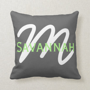 Simple Modern Neon Lime Green & Grey Monogram Throw Pillow