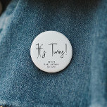 Simple Modern Neutral Baby Shower It's Twins 2 Inch Round Button<br><div class="desc">Celebrate your little one with our simple modern neutral baby shower it's twins button, featuring a minimalist black-and-white design that is modern and pretty. With its clean, boho-inspired aesthetic, the contemporary, gender-neutral vibe is perfect for welcoming a baby boy or girl in any season—whether it's fall, winter, spring, or beyond....</div>
