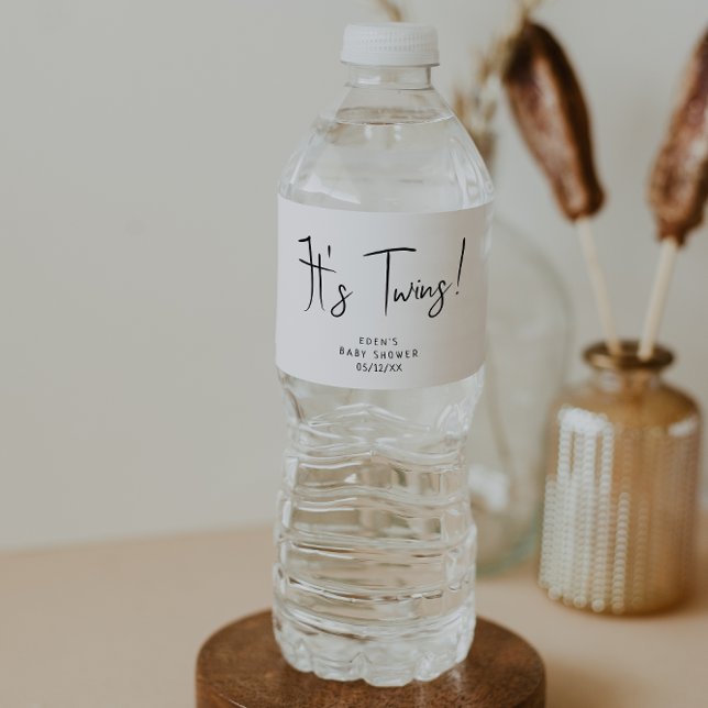 Simple Modern Neutral Baby Shower It's Twins Water Bottle Label (Creator Uploaded)