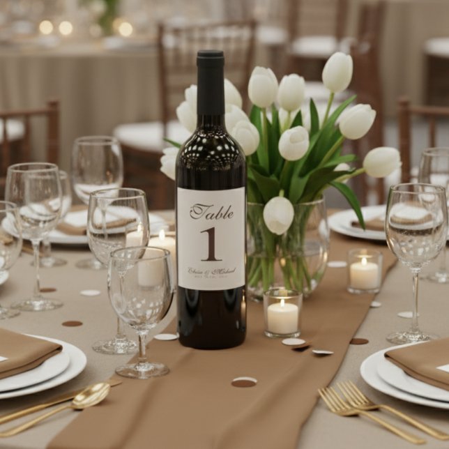Simple Modern Neutral Brown Wedding Table Number  Wine Label (Creator Uploaded)
