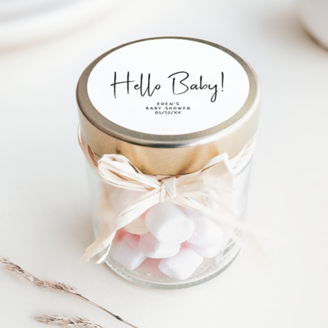 Simple Modern Neutral Hello Baby Baby Shower Favou Classic Round Sticker (Creator Uploaded)