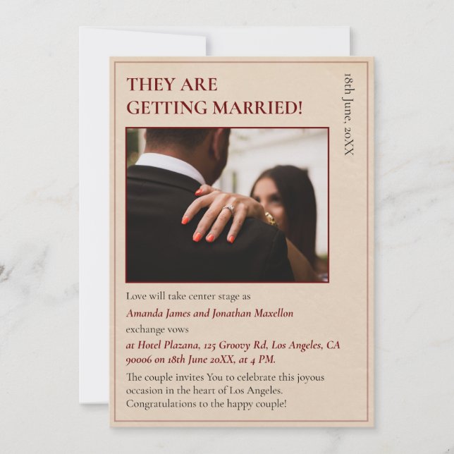 Simple Modern Newspaper Inspired Wedding Invitation (Front)