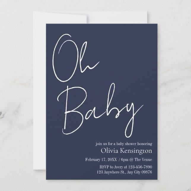 Simple Modern Oh Baby Navy Blue Baby Shower Invitation (Front)